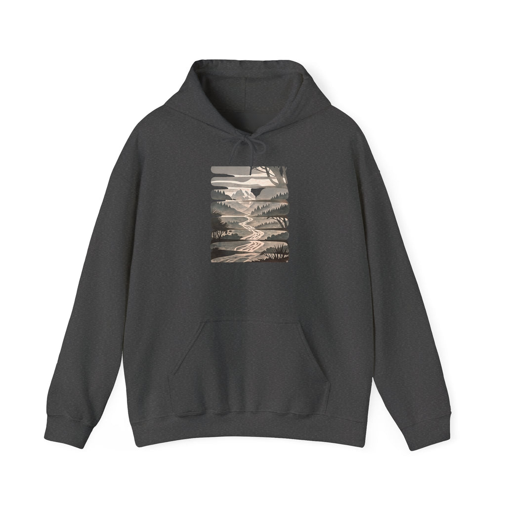 Nature Trail Hoodie — Serene Mountain River Graphic Hooded Sweatshirt
