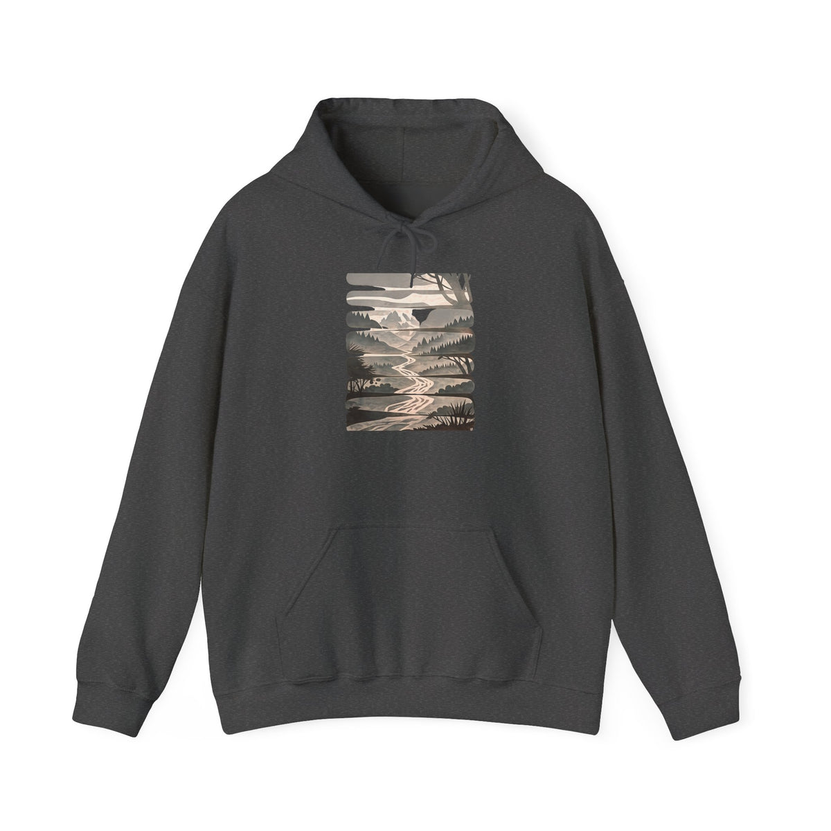 Nature Trail Hoodie — Serene Mountain River Graphic Hooded Sweatshirt