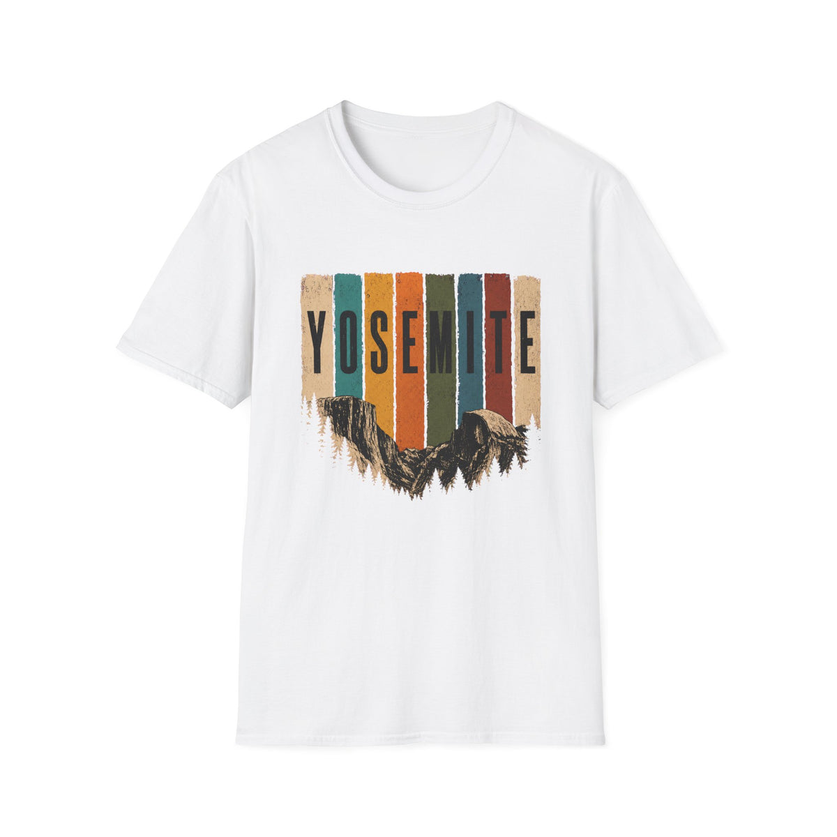 A white short-sleeve crewneck t-shirt featuring a vertical striped graphic of Yosemite National Park with the word 'YOSEMITE' and a mountain landscape design.