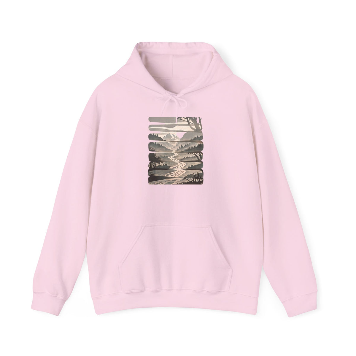 Nature Trail Hoodie — Serene Mountain River Graphic Hooded Sweatshirt