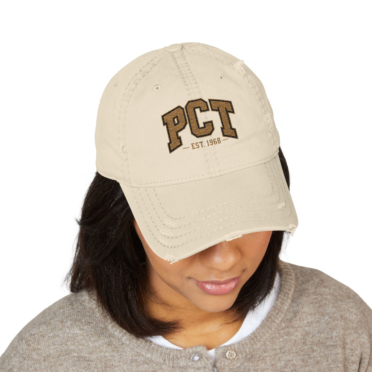 Distressed Embroidered Dad Hat – PCT Logo, Vintage Washed Baseball Cap