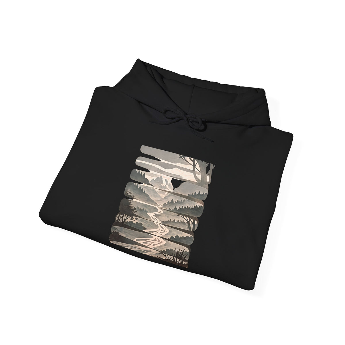 Nature Trail Hoodie — Serene Mountain River Graphic Hooded Sweatshirt