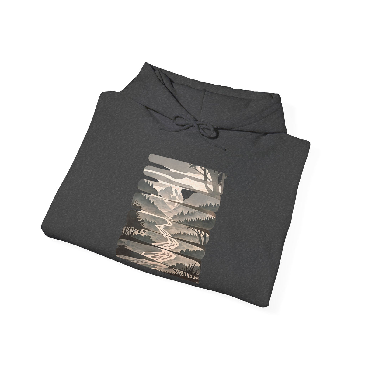 Nature Trail Hoodie — Serene Mountain River Graphic Hooded Sweatshirt