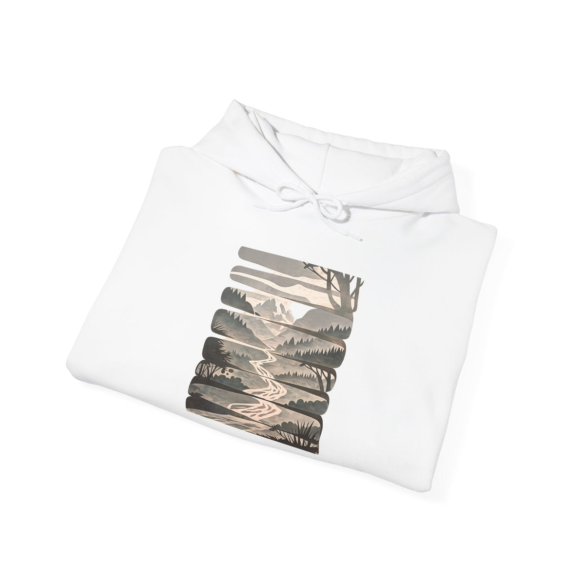 Nature Trail Hoodie — Serene Mountain River Graphic Hooded Sweatshirt
