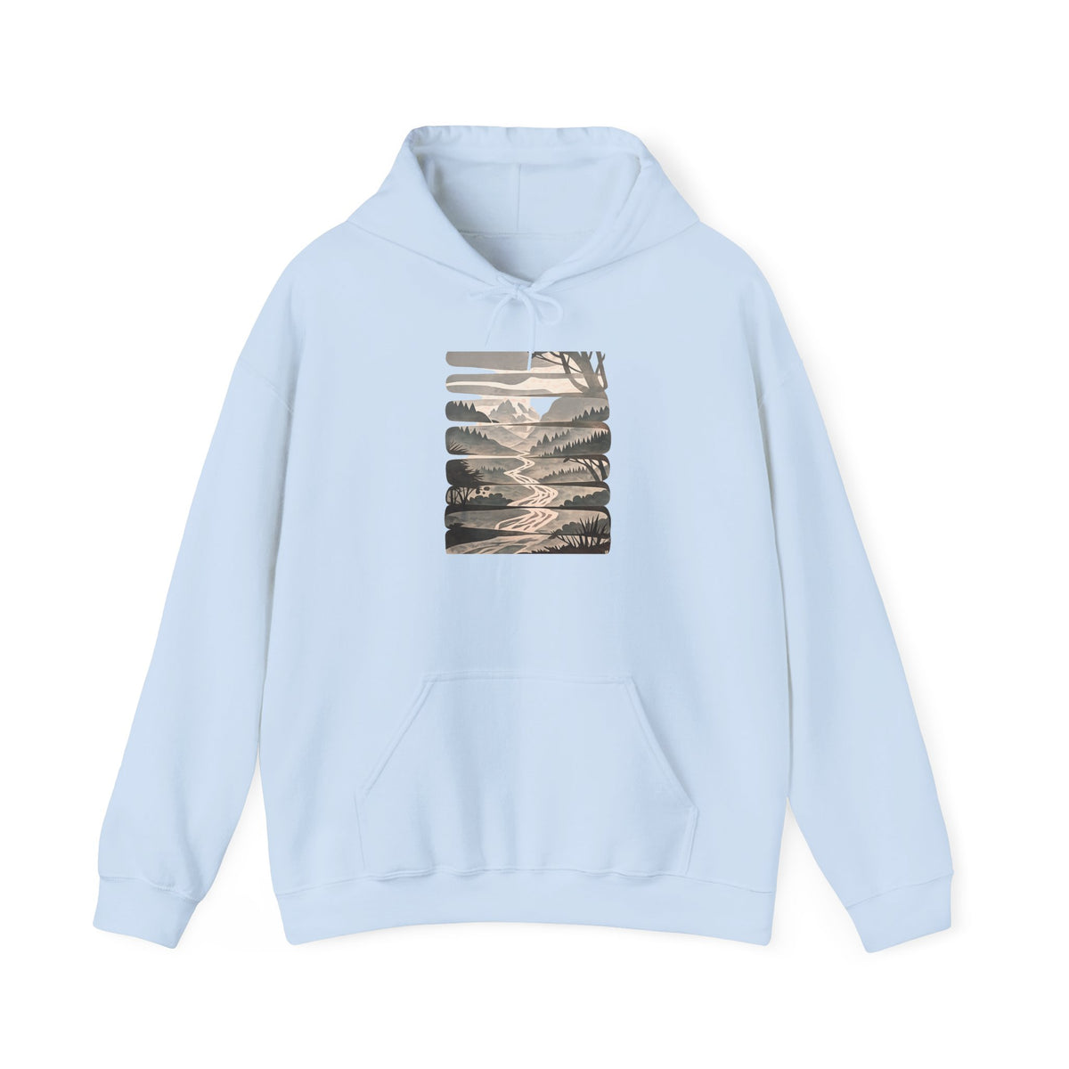 Nature Trail Hoodie — Serene Mountain River Graphic Hooded Sweatshirt