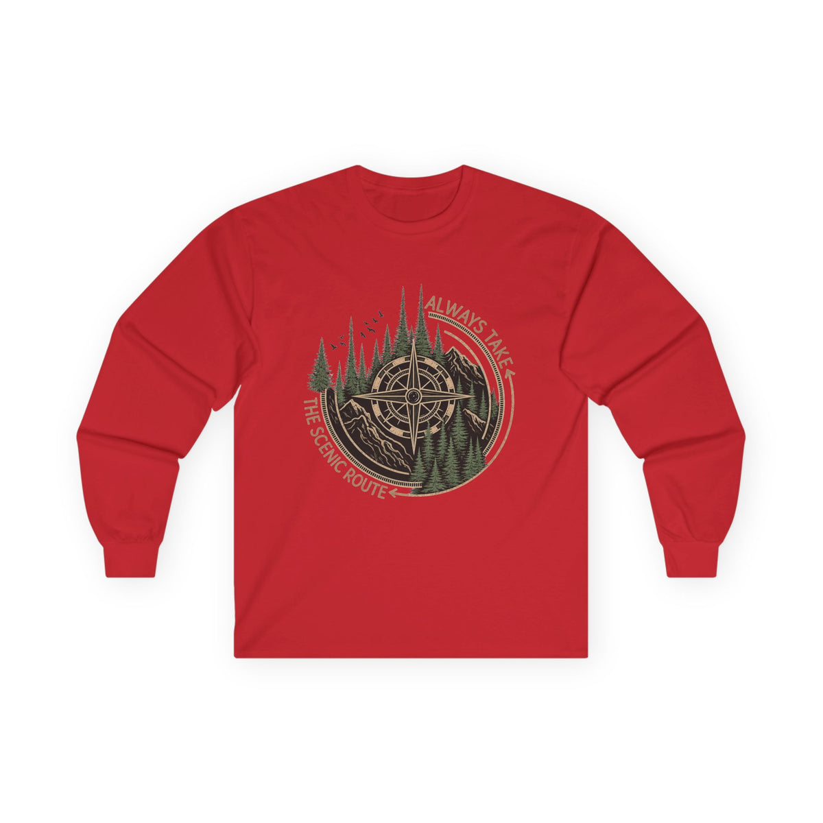 Compass & Pines Long Sleeve Tee — "Always Take The Scenic Route" Adventure Shirt