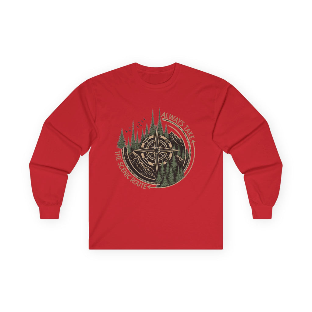 Compass & Pines Long Sleeve Tee — "Always Take The Scenic Route" Adventure Shirt
