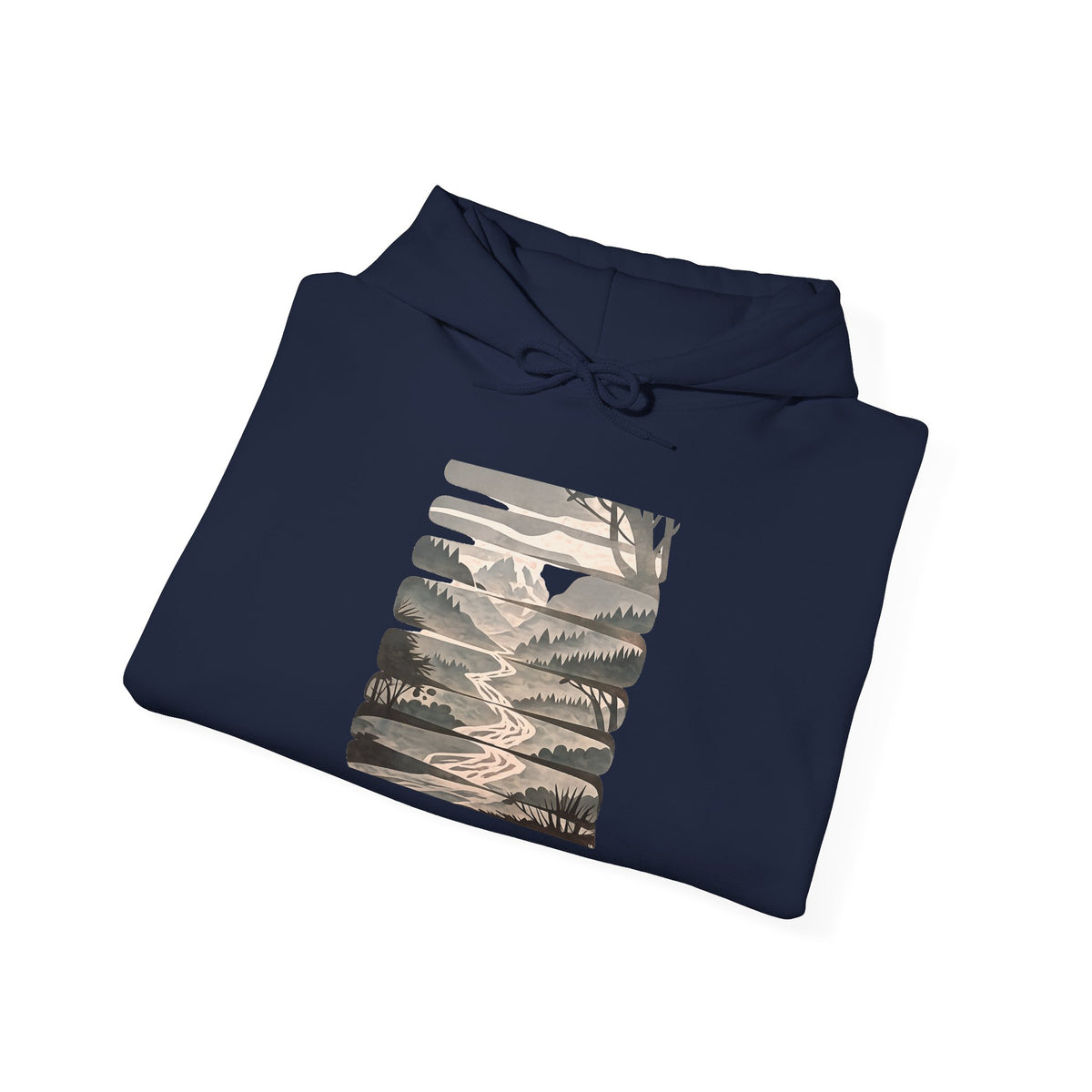 Nature Trail Hoodie — Serene Mountain River Graphic Hooded Sweatshirt