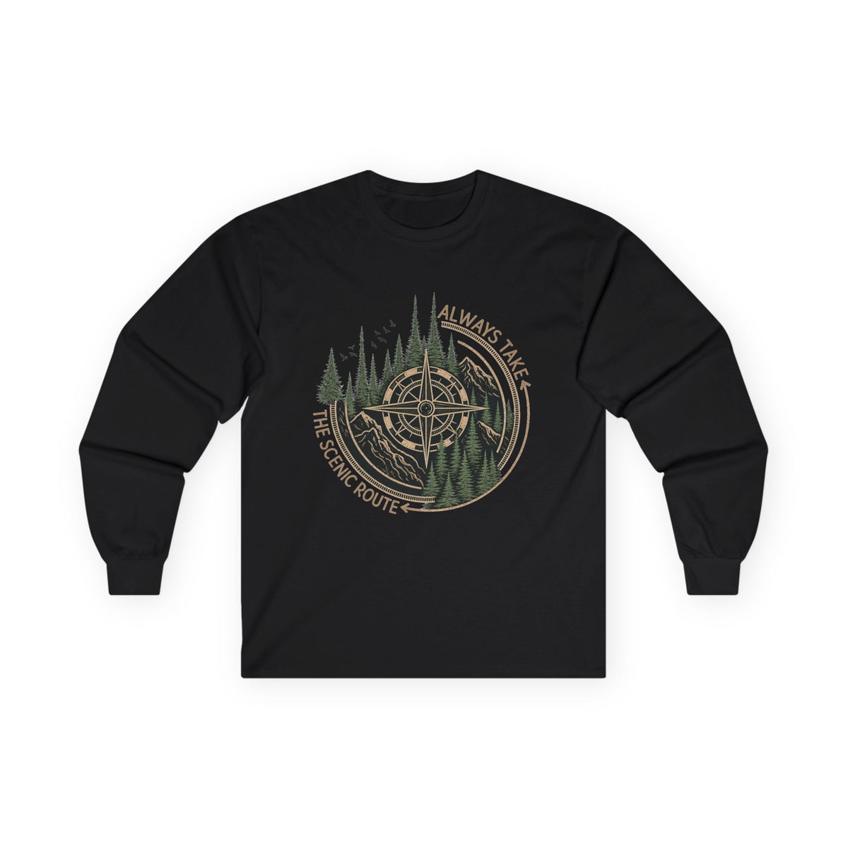 Compass & Pines Long Sleeve Tee — "Always Take The Scenic Route" Adventure Shirt
