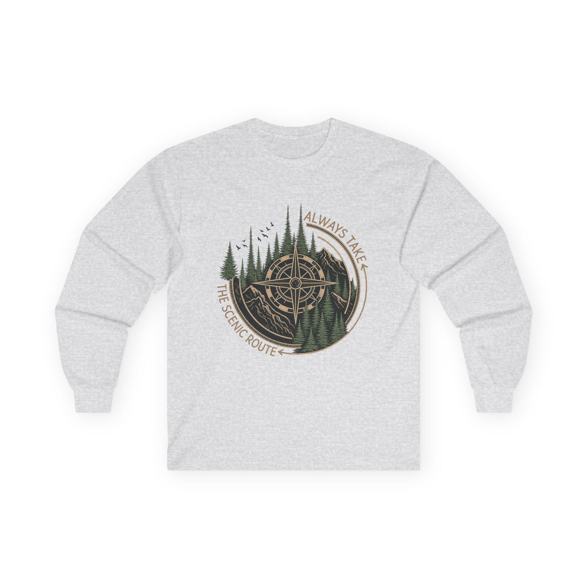 Compass & Pines Long Sleeve Tee — "Always Take The Scenic Route" Adventure Shirt