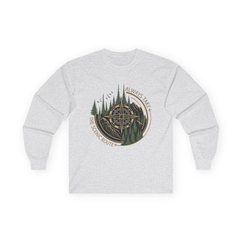 Compass & Pines Long Sleeve Tee — "Always Take The Scenic Route" Adventure Shirt