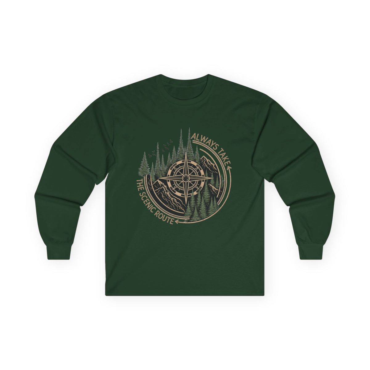 Compass & Pines Long Sleeve Tee — "Always Take The Scenic Route" Adventure Shirt