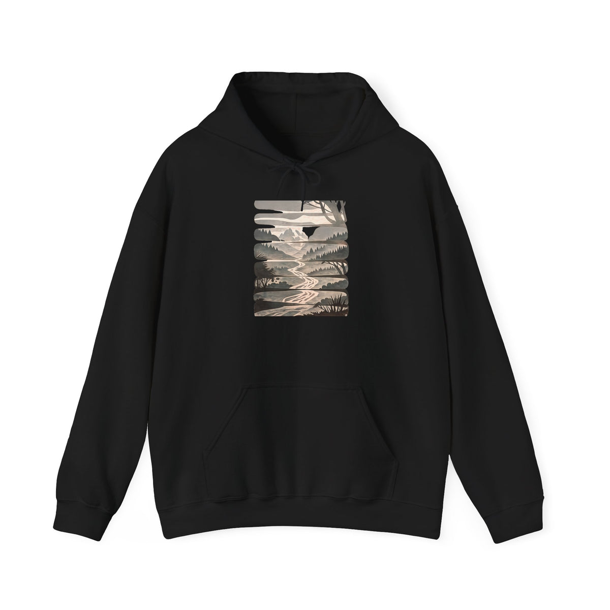 Nature Trail Hoodie — Serene Mountain River Graphic Hooded Sweatshirt