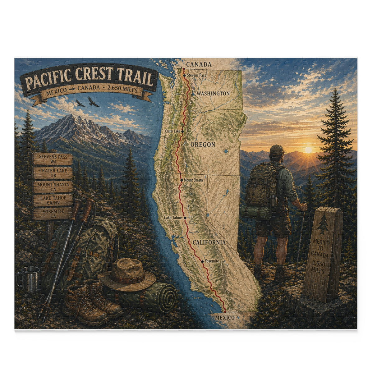 Pacific Crest Trail Map Puzzle — Scenic Hiker Landscape Jigsaw (120/252/500 pcs)