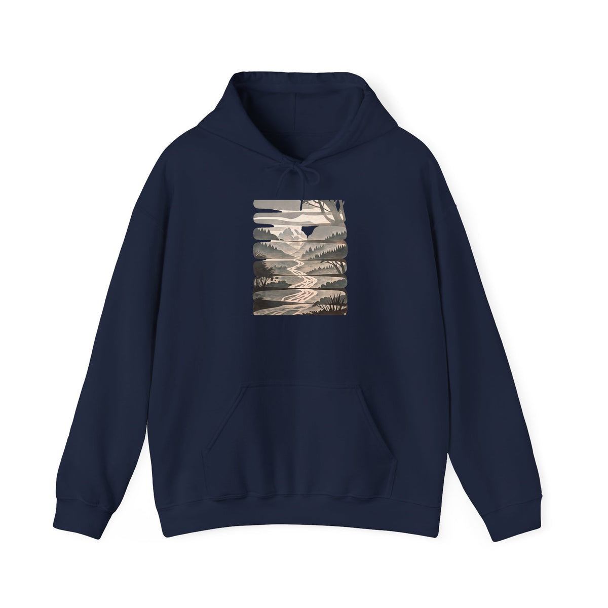Nature Trail Hoodie — Serene Mountain River Graphic Hooded Sweatshirt