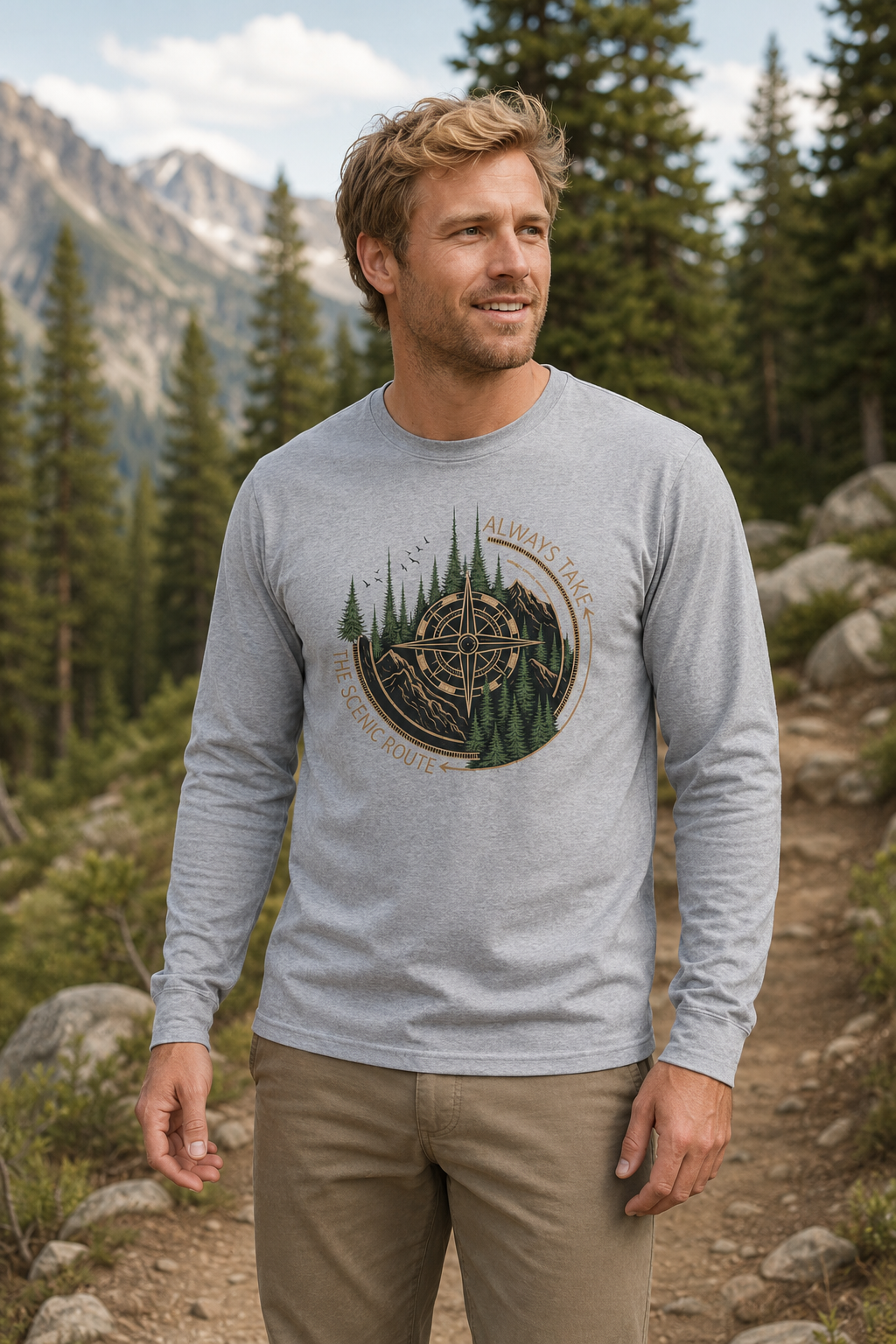 Compass & Pines Long Sleeve Tee — "Always Take The Scenic Route" Adventure Shirt