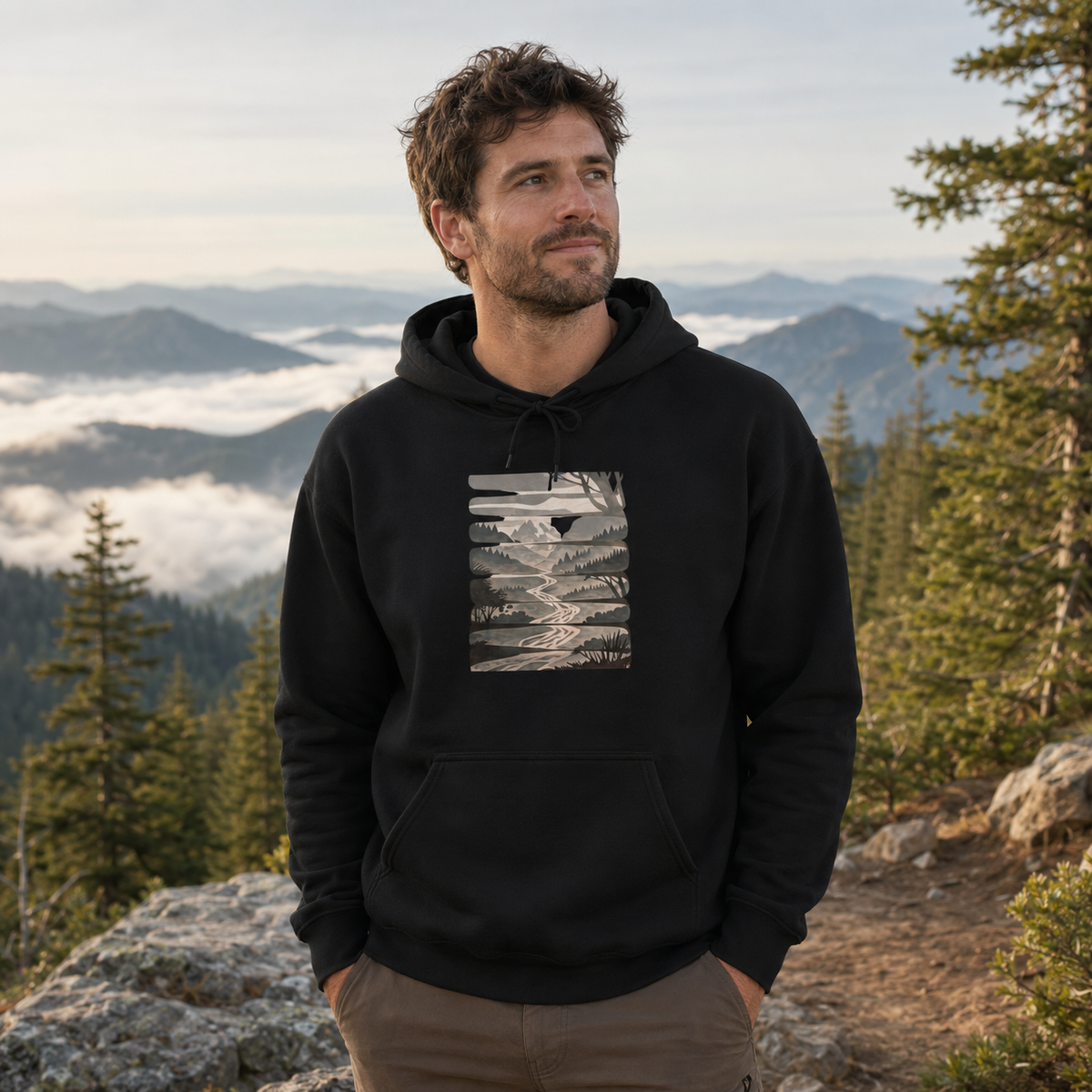 Nature Trail Hoodie — Serene Mountain River Graphic Hooded Sweatshirt