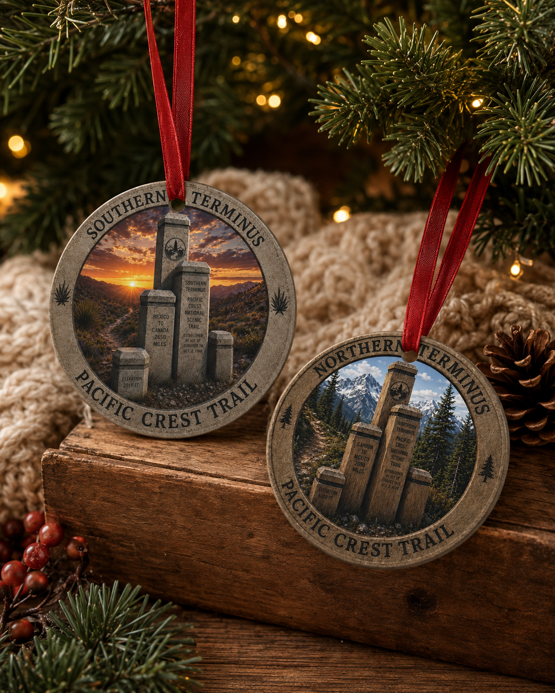 Two round Christmas ornaments hanging from red ribbons, featuring scenic Pacific Crest Trail monument designs with sunset and mountain imagery, styled on a wooden surface with pine branches, a knit blanket, and warm string lights in the background.