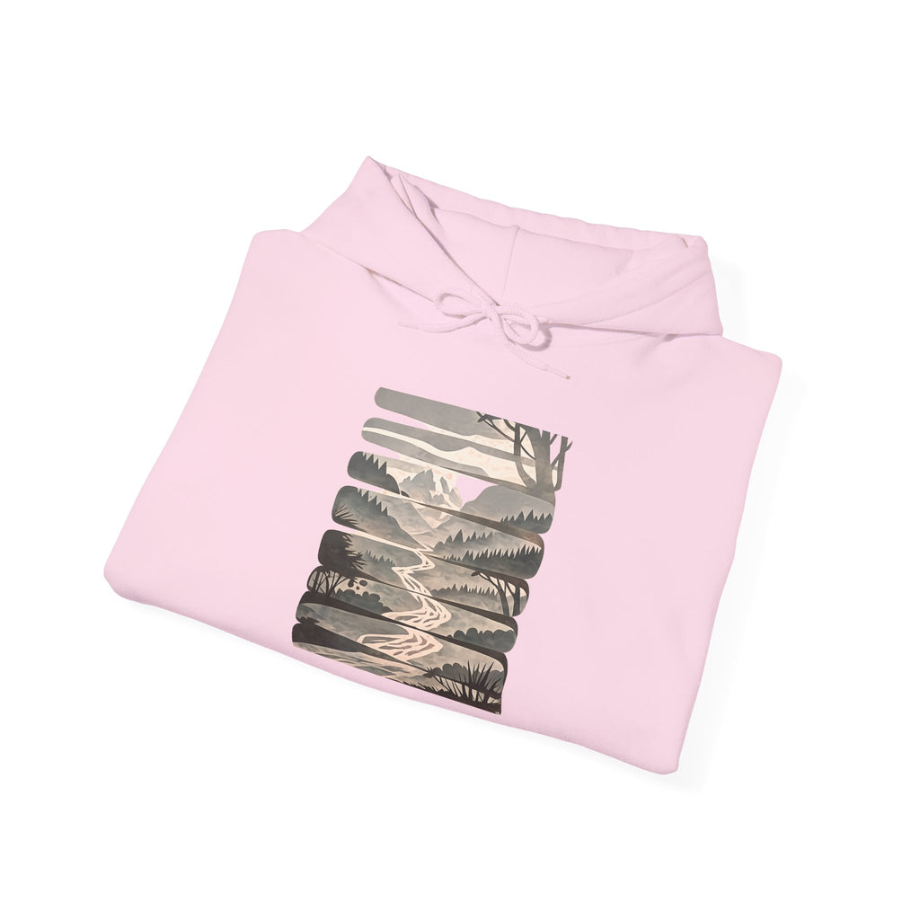 Nature Trail Hoodie — Serene Mountain River Graphic Hooded Sweatshirt
