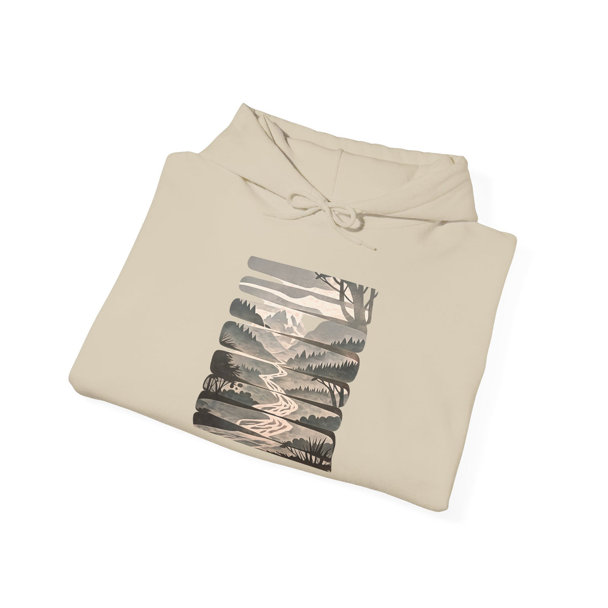 Nature Trail Hoodie — Serene Mountain River Graphic Hooded Sweatshirt