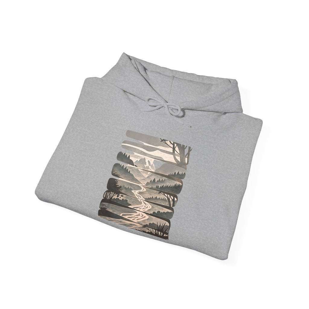 Nature Trail Hoodie — Serene Mountain River Graphic Hooded Sweatshirt
