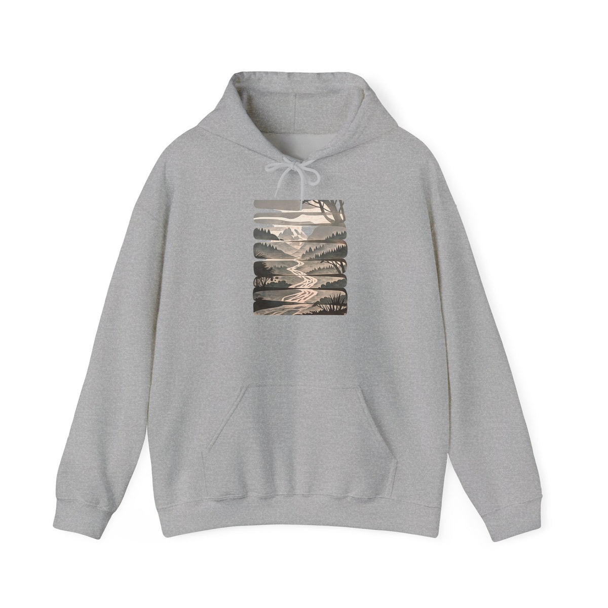 Nature Trail Hoodie — Serene Mountain River Graphic Hooded Sweatshirt