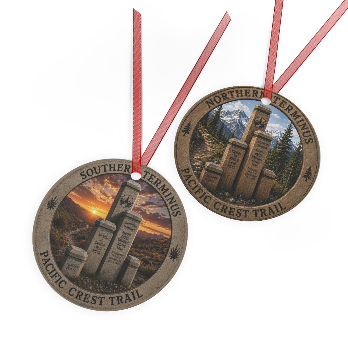 Two round hanging ornaments for the Pacific Crest Trail, one labeled Southern Terminator and one labeled Northern Terminator, each showing monument imagery and a red ribbon, on a white background.