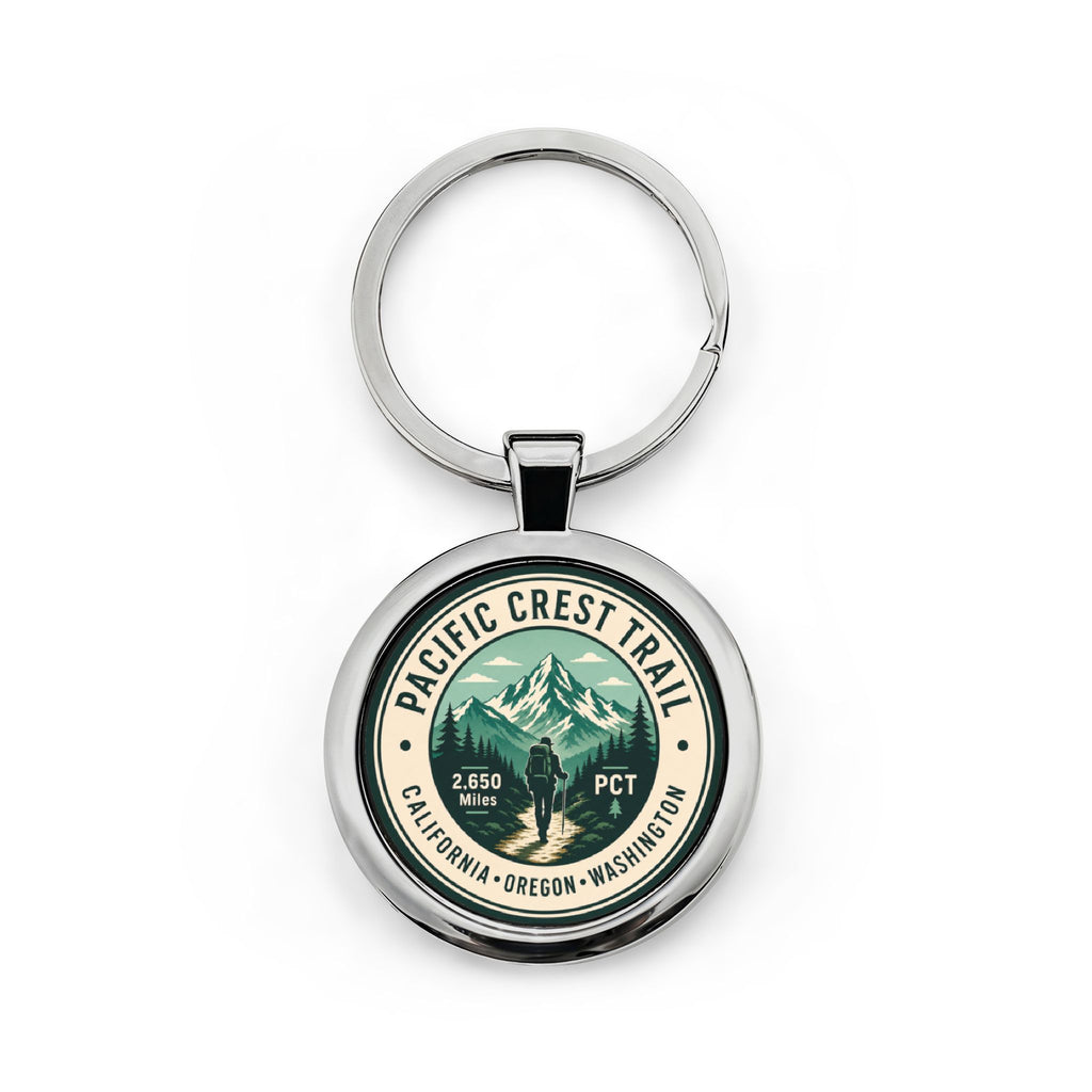 Pacific Crest Trail Round Stainless Steel Keychain — Hiking Souvenir Keyring (California · Oregon · Washington)