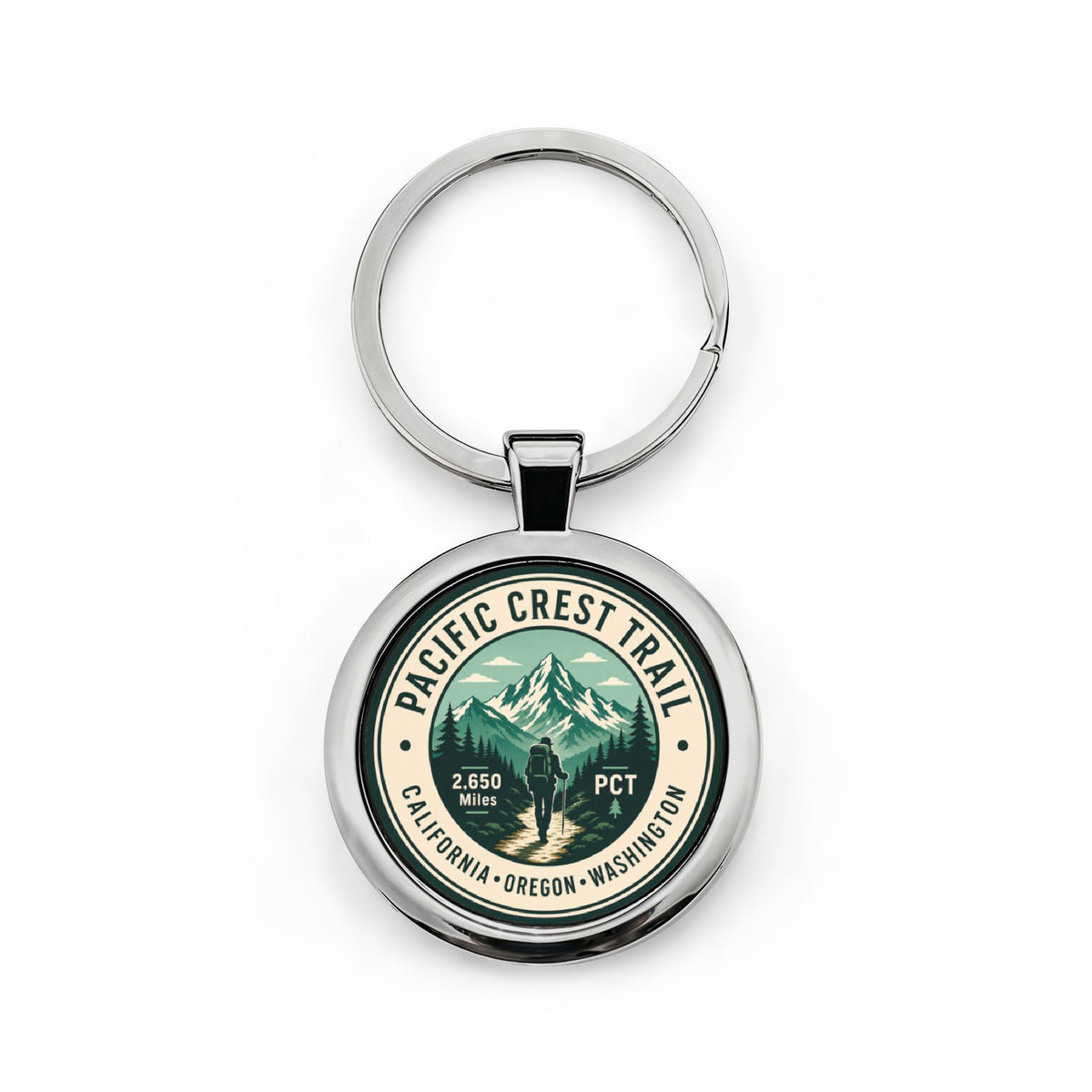 Pacific Crest Trail Round Stainless Steel Keychain — Hiking Souvenir Keyring (California · Oregon · Washington)