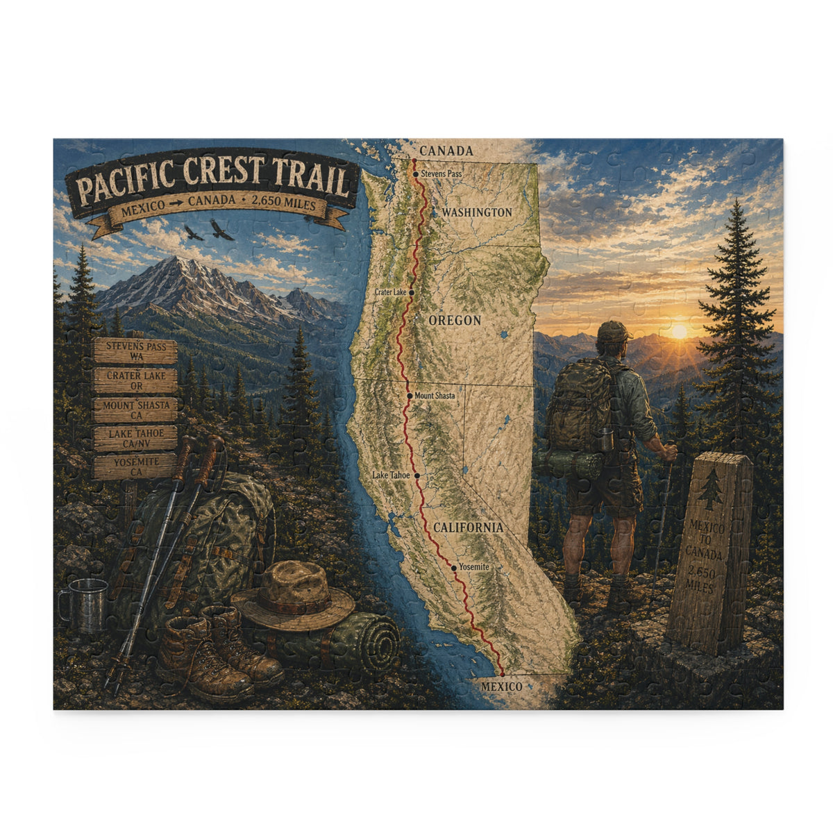 Pacific Crest Trail Map Puzzle — Scenic Hiker Landscape Jigsaw (120/252/500 pcs)