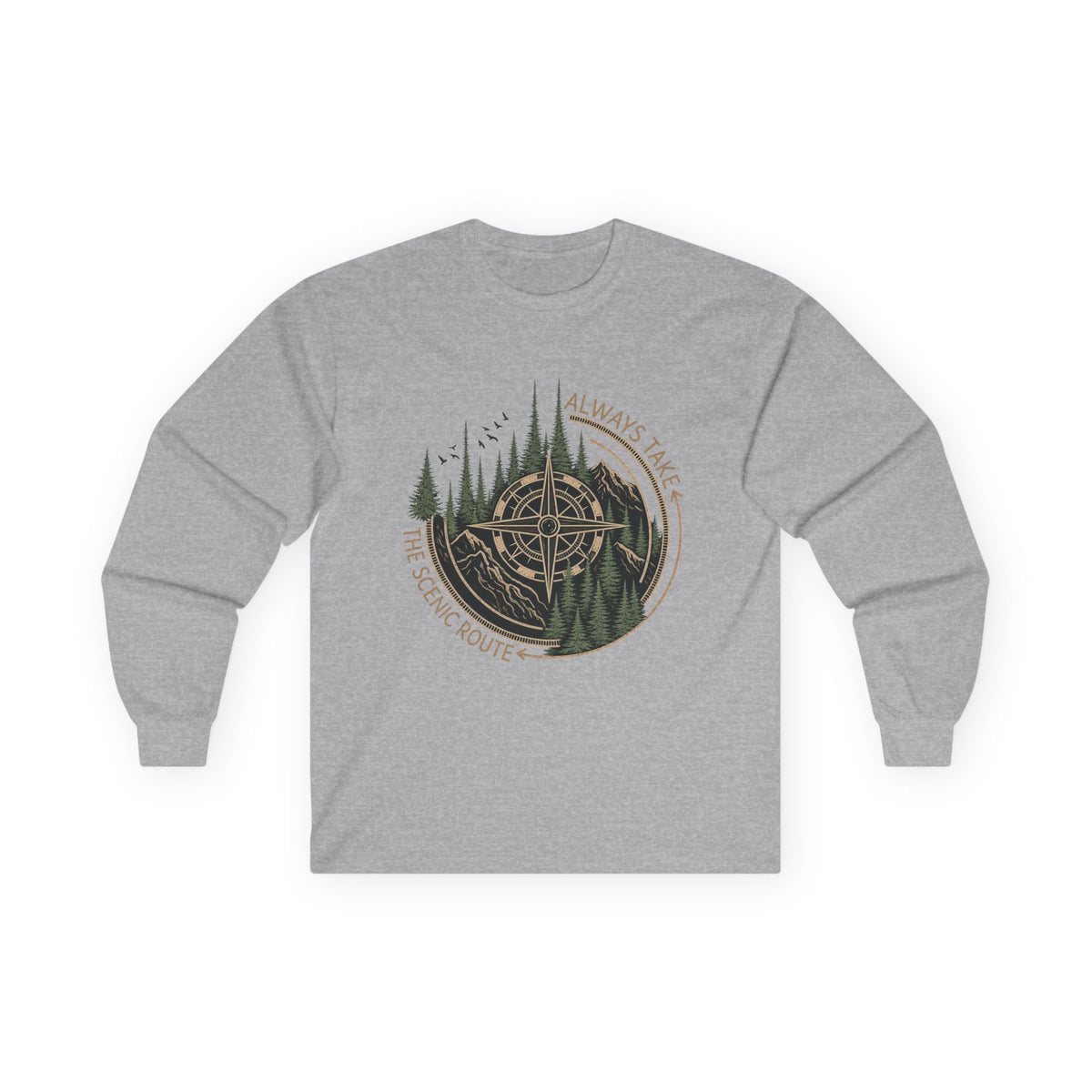 Compass & Pines Long Sleeve Tee — "Always Take The Scenic Route" Adventure Shirt