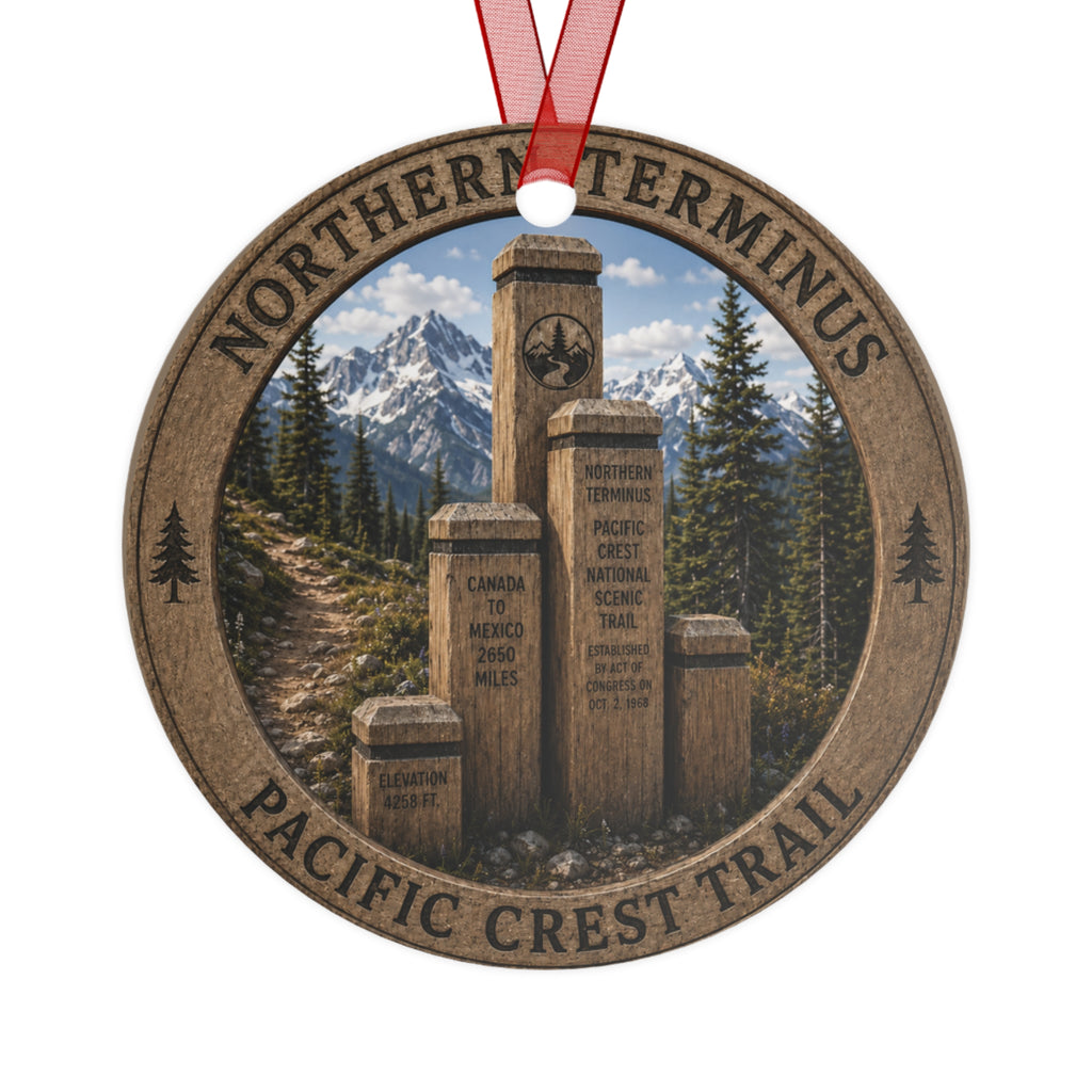 Round wooden hanging ornament featuring a scenic depiction of the Northern Terminus Pacific Crest Trail monument with mountains, trees, and trail markers. The ornament has a red ribbon loop at the top and is shown on a plain white background.