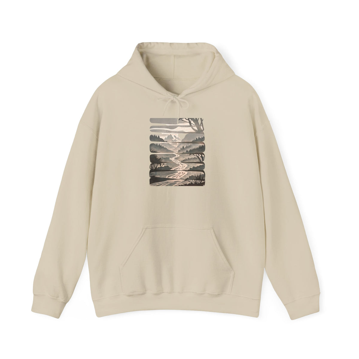 Nature Trail Hoodie — Serene Mountain River Graphic Hooded Sweatshirt
