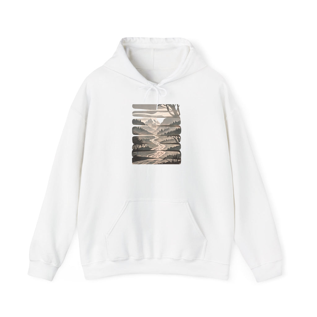 Nature Trail Hoodie — Serene Mountain River Graphic Hooded Sweatshirt