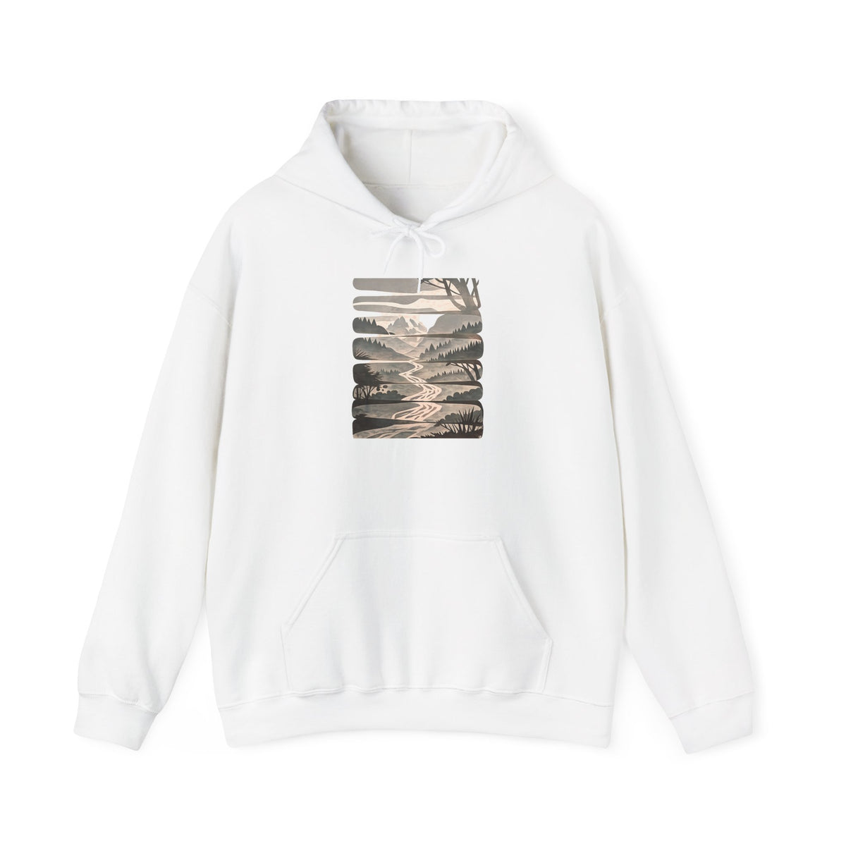 Nature Trail Hoodie — Serene Mountain River Graphic Hooded Sweatshirt