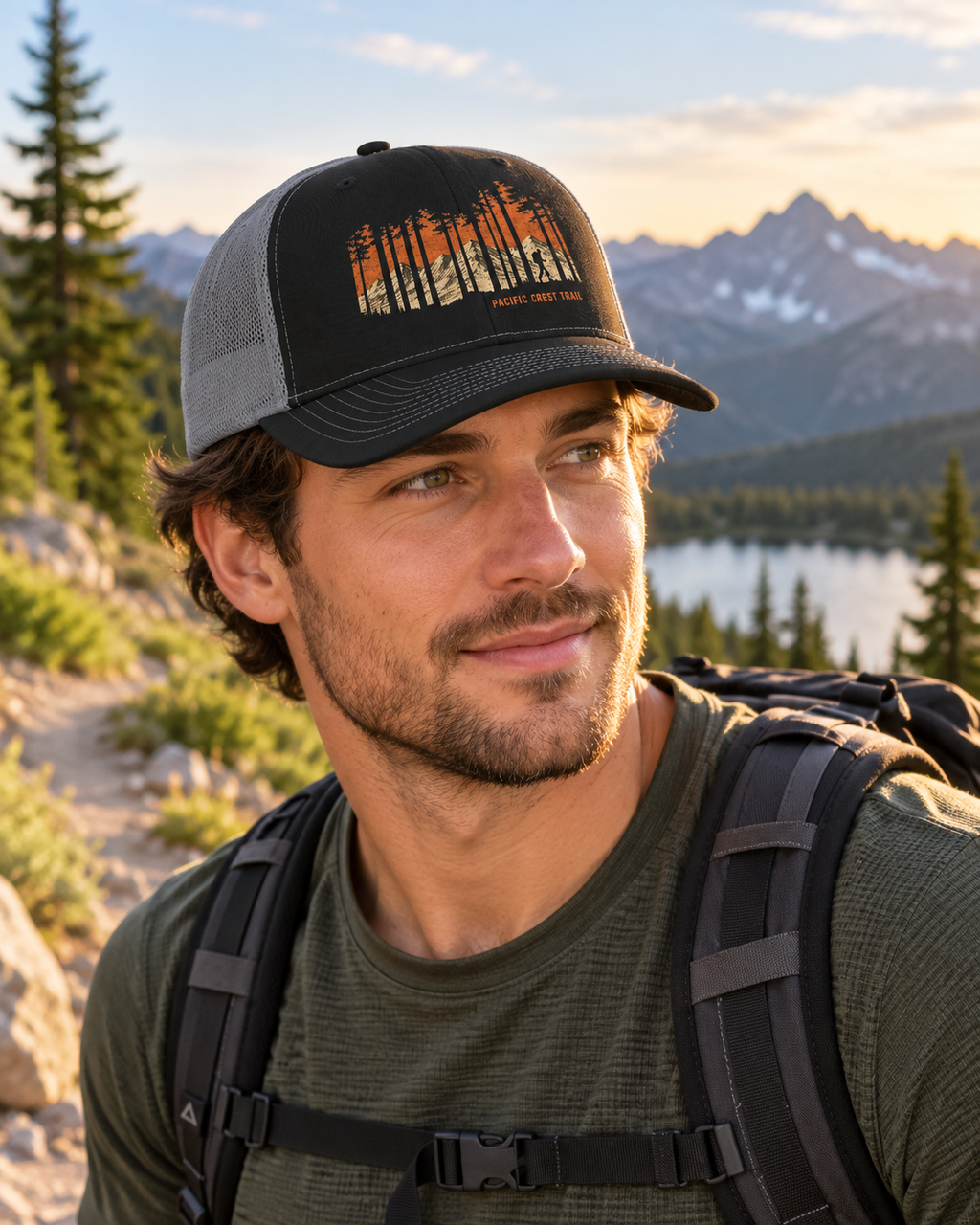 Pacific Crest Trail Trucker Hat — Mountain Sunset Hiking Cap