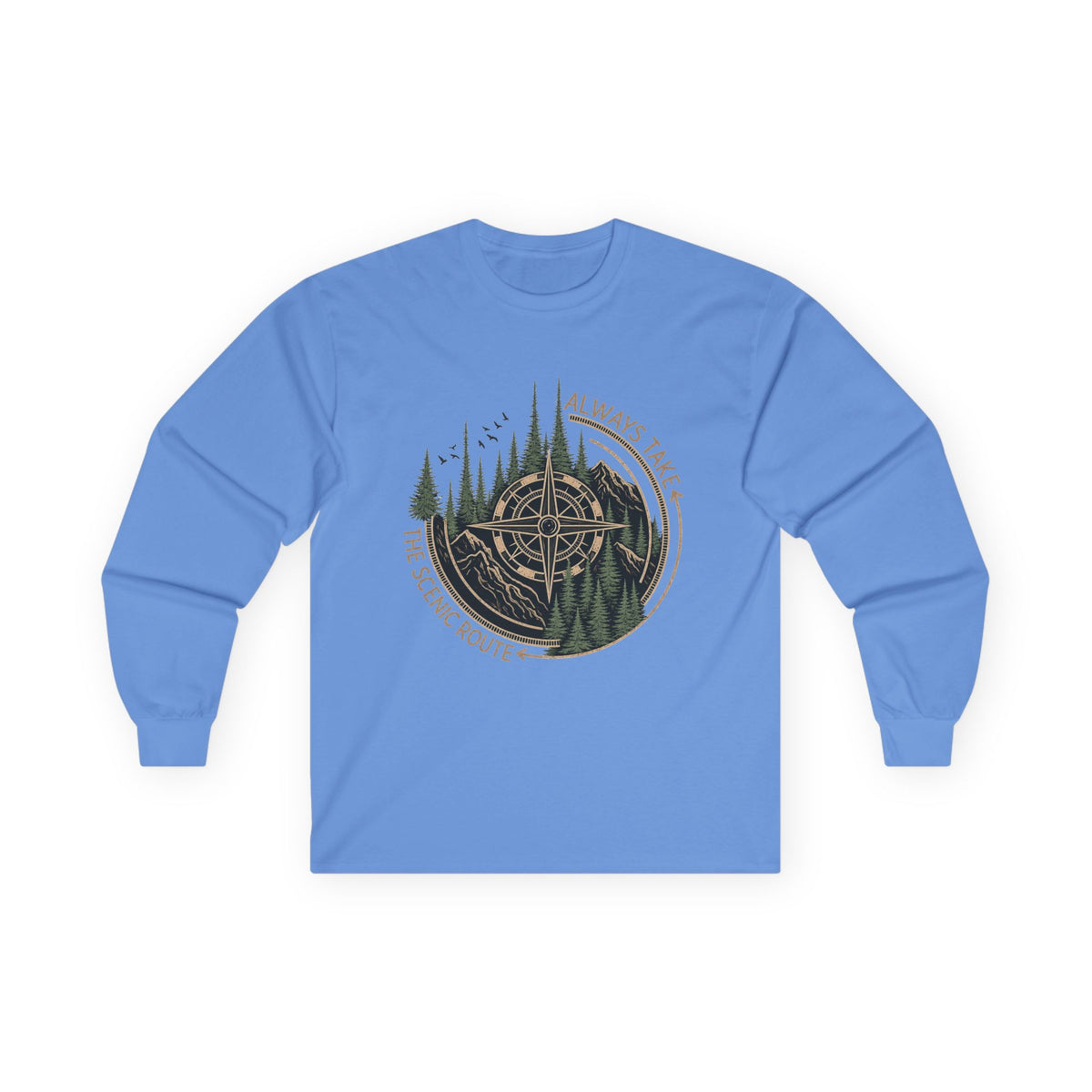 Compass & Pines Long Sleeve Tee — "Always Take The Scenic Route" Adventure Shirt