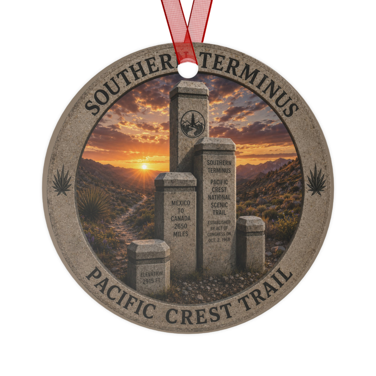 A round hanging ornament featuring a scenic graphic of the Southern Terminus markers along the Pacific Crest Trail, with a red ribbon loop at the top, shown on a plain white background.