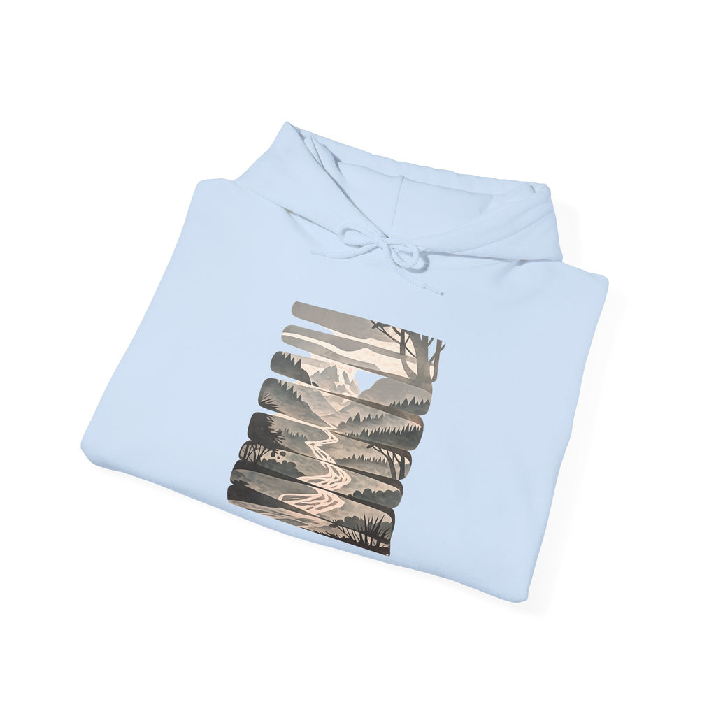 Nature Trail Hoodie — Serene Mountain River Graphic Hooded Sweatshirt