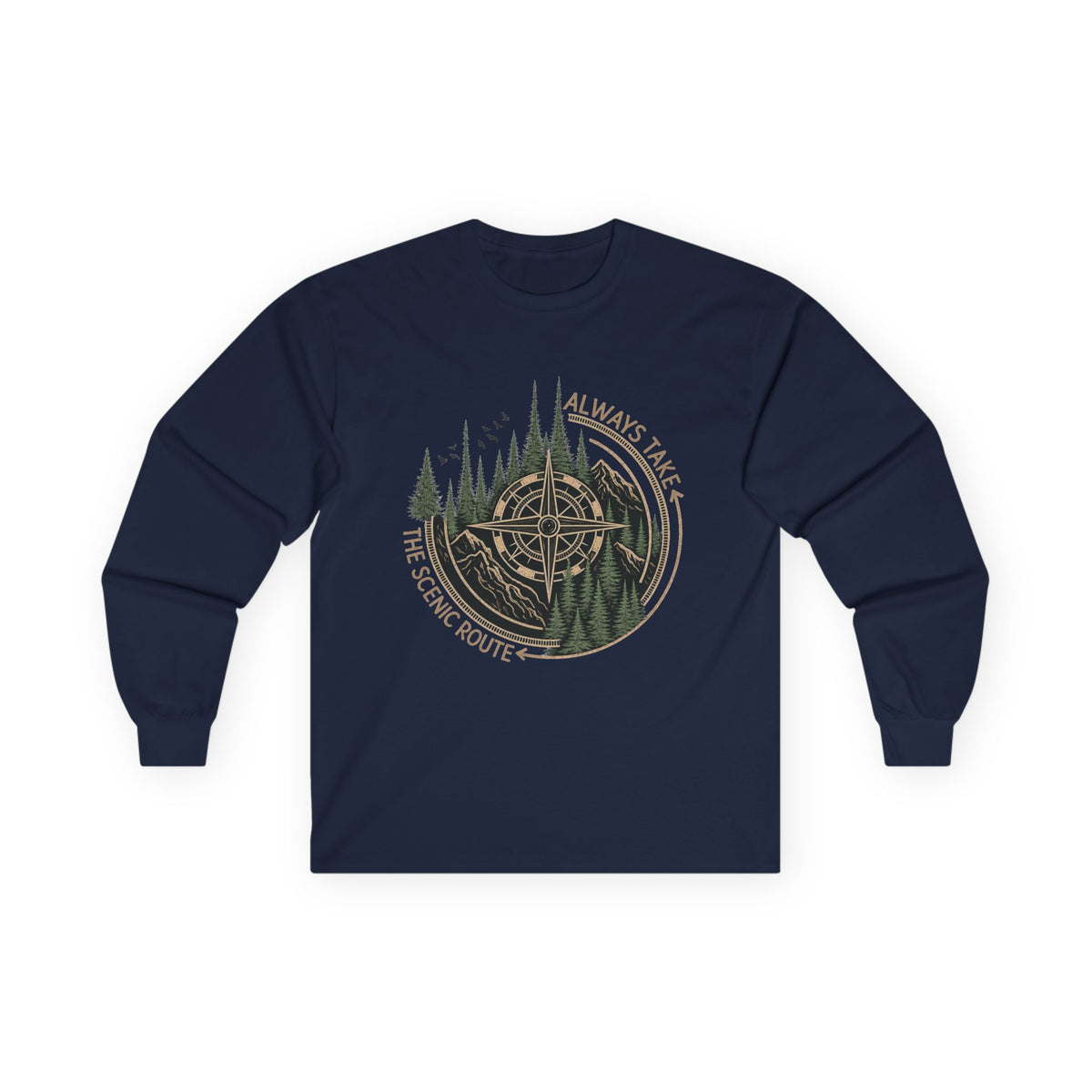 Compass & Pines Long Sleeve Tee — "Always Take The Scenic Route" Adventure Shirt