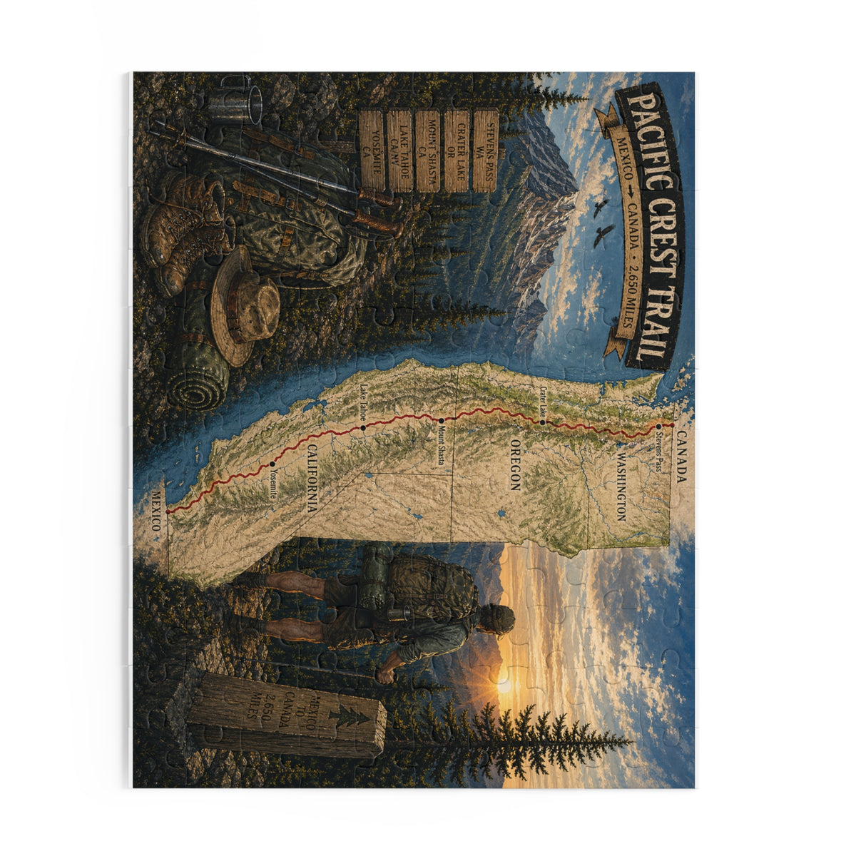 Pacific Crest Trail Map Puzzle — Scenic Hiker Landscape Jigsaw (120/252/500 pcs)