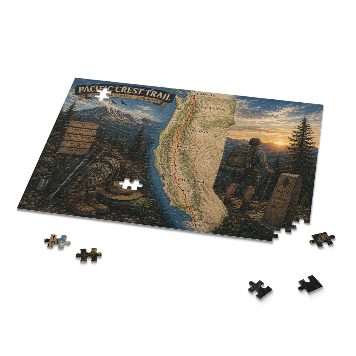 Pacific Crest Trail Map Puzzle — Scenic Hiker Landscape Jigsaw (120/252/500 pcs)