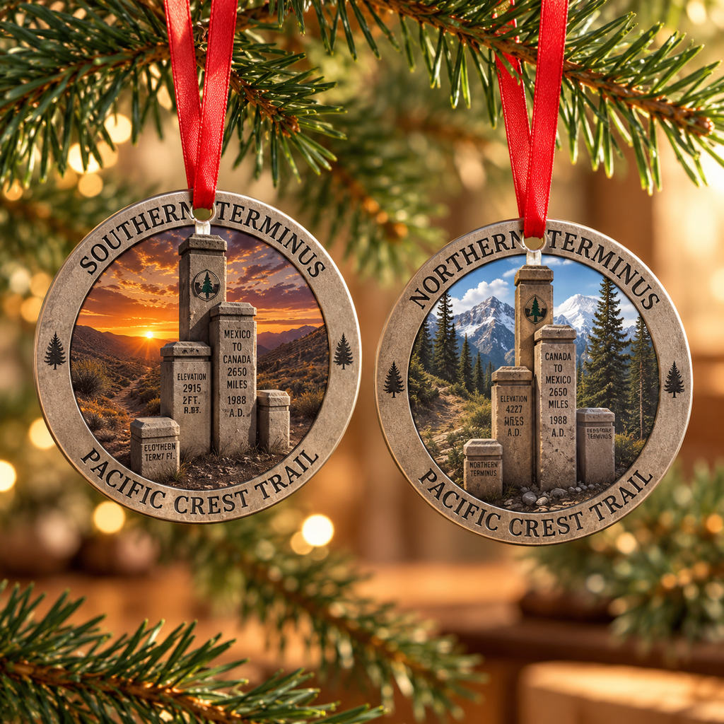 Two round Christmas ornaments hanging from red ribbons on a Christmas tree branch. One ornament shows the Southern Terminus with a sunset over trail markers, and the other shows the Northern Terminus with mountain trail markers.